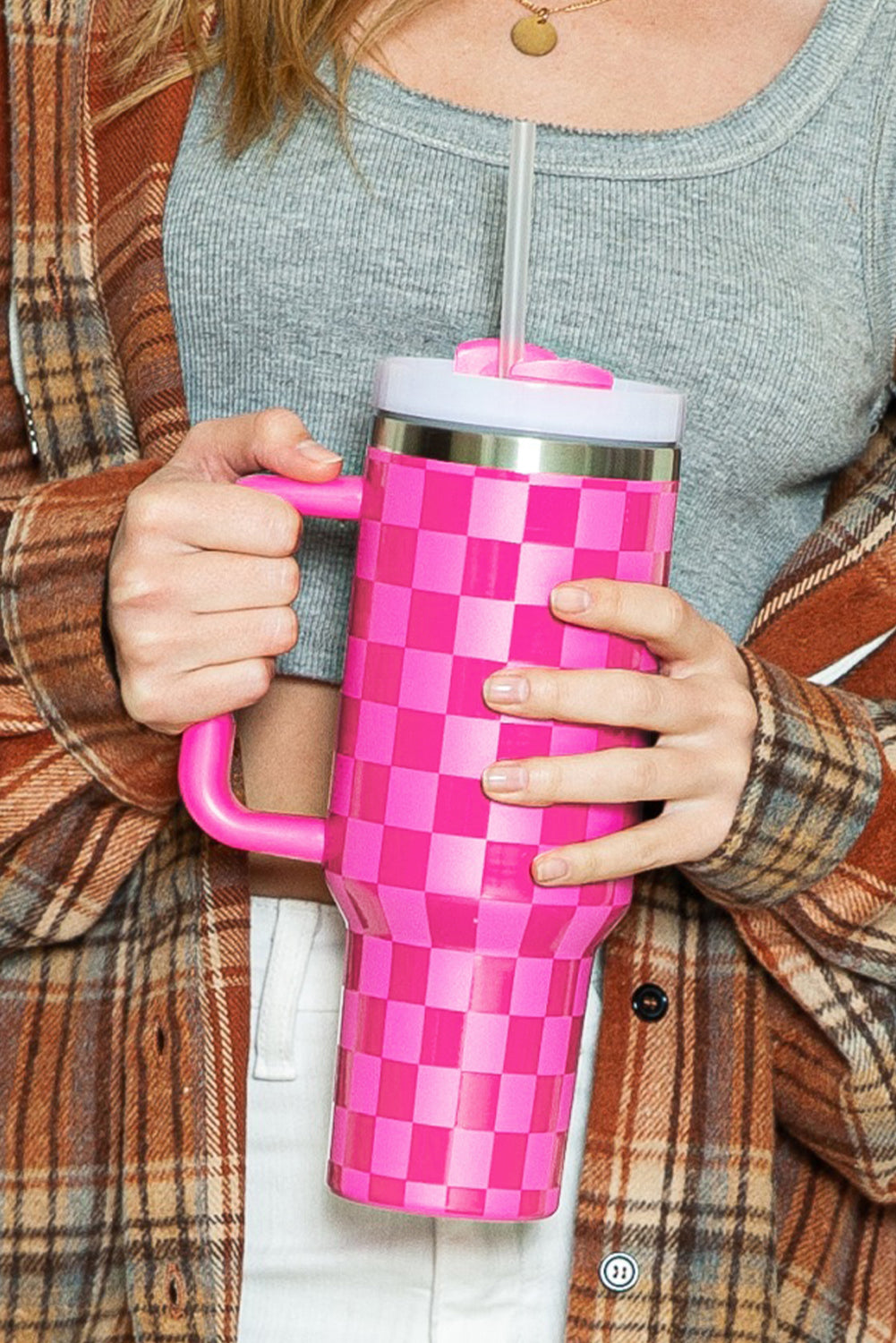 Bright Pink Checkered Tumbler  40oz