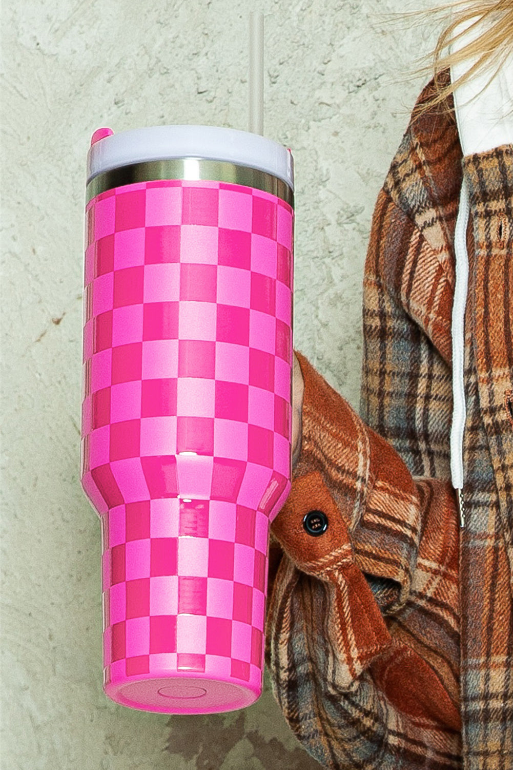 Bright Pink Checkered Tumbler  40oz