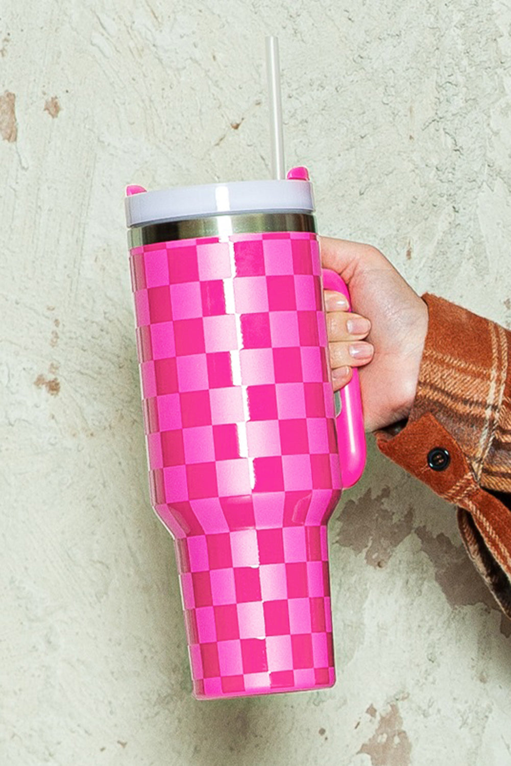 Bright Pink Checkered Tumbler  40oz