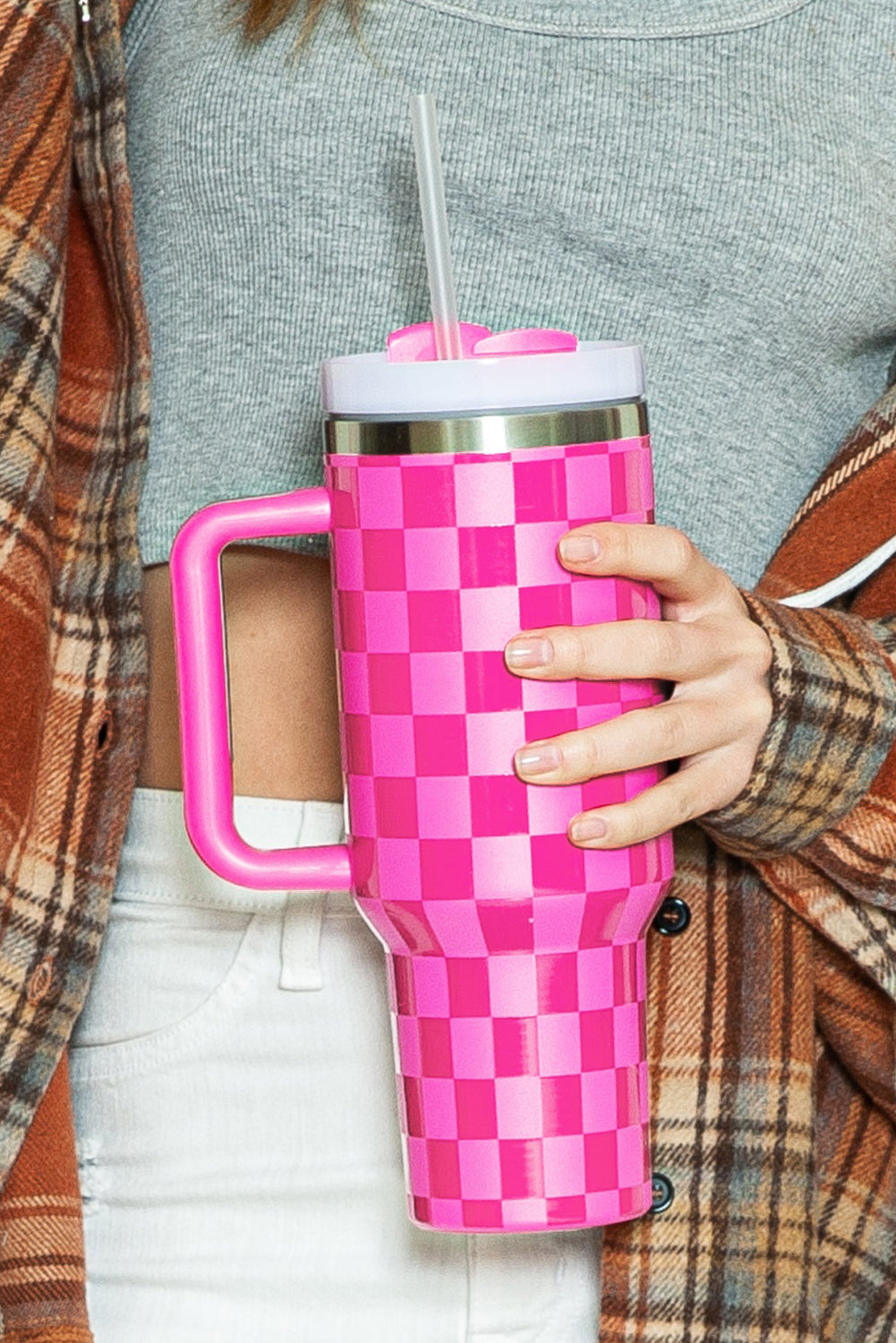 Bright Pink Checkered Tumbler  40oz