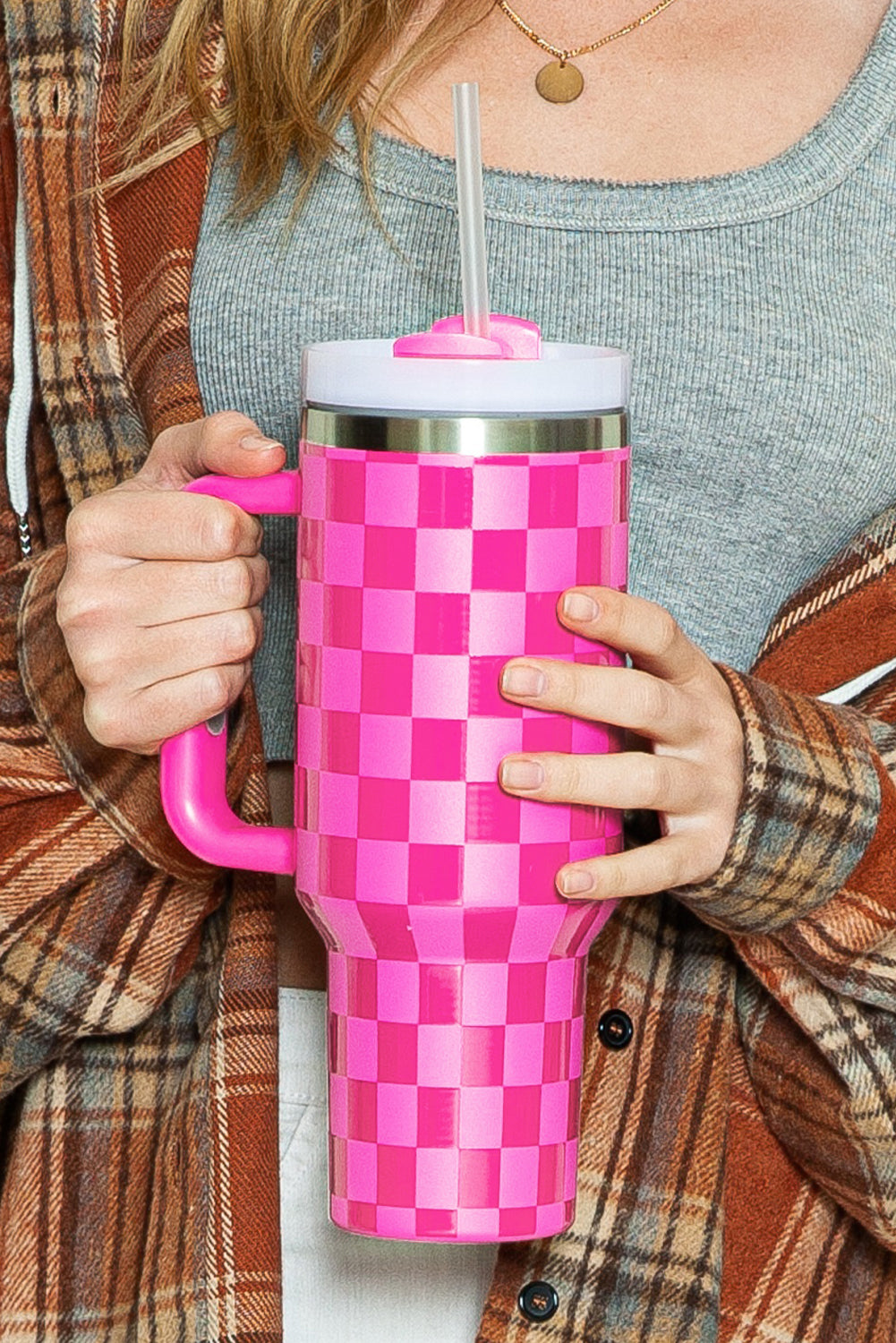 Bright Pink Checkered Tumbler  40oz