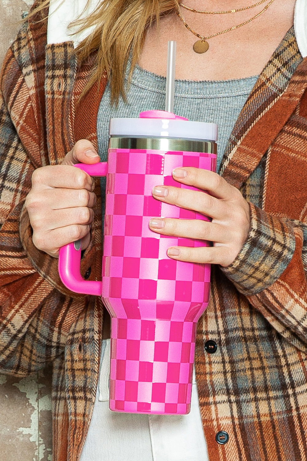 Bright Pink Checkered Tumbler  40oz