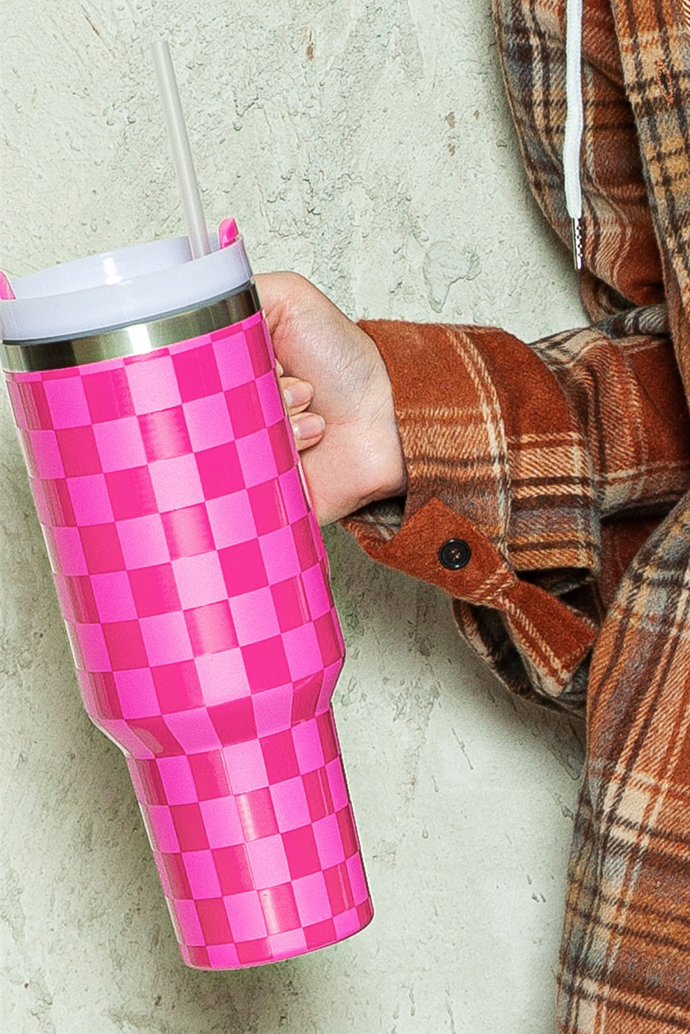 Bright Pink Checkered Tumbler  40oz